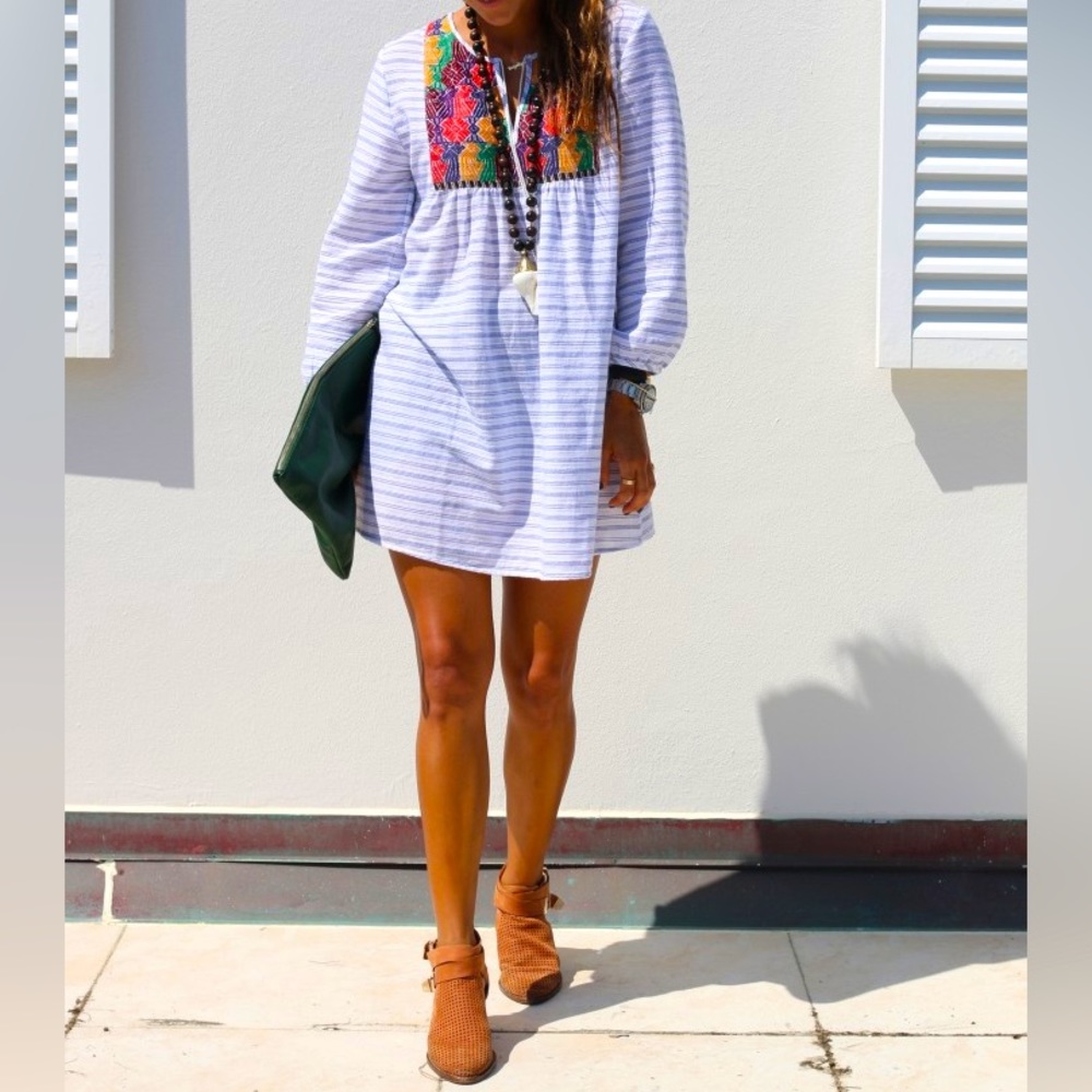 J Crew: Embroidered Bib Striped Shift Dress (L)